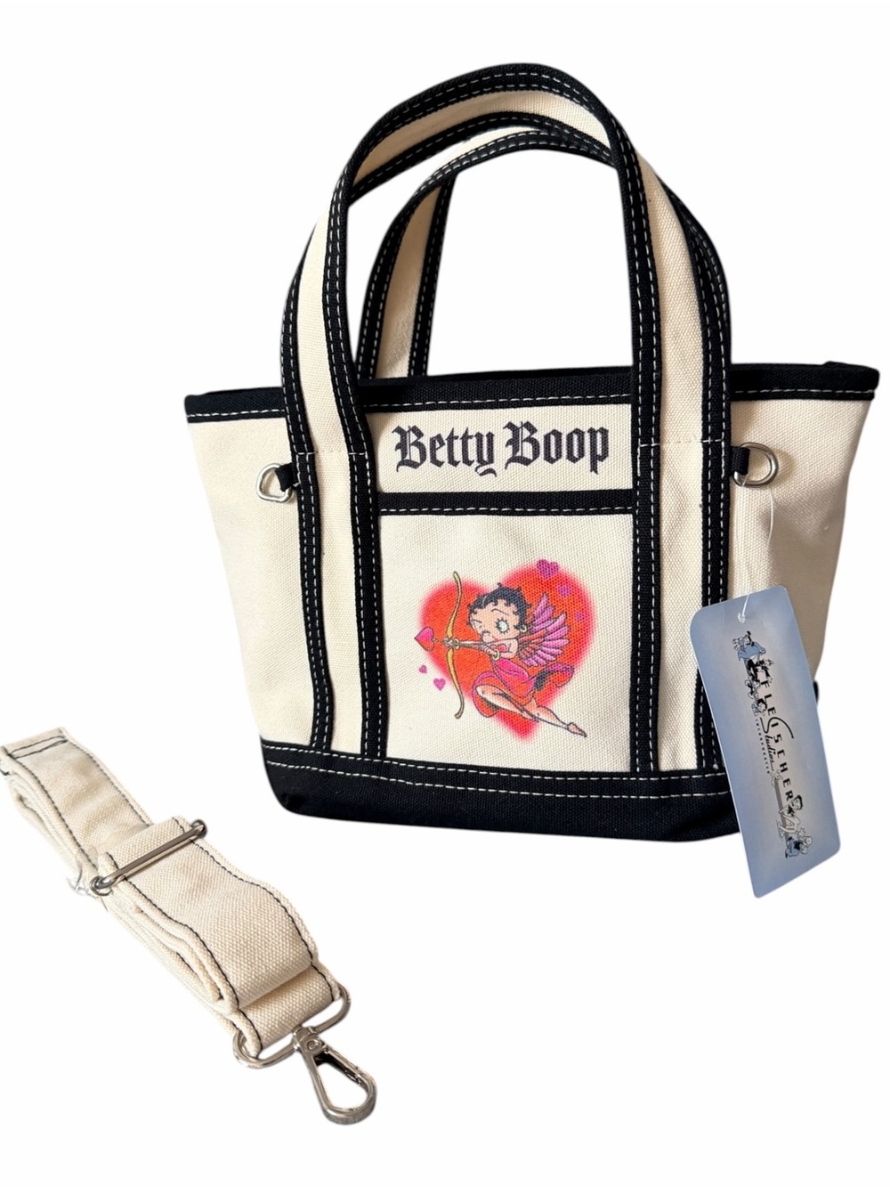 Betty Boop Cream and Black Canvas Tote with Heart Archer Graphic